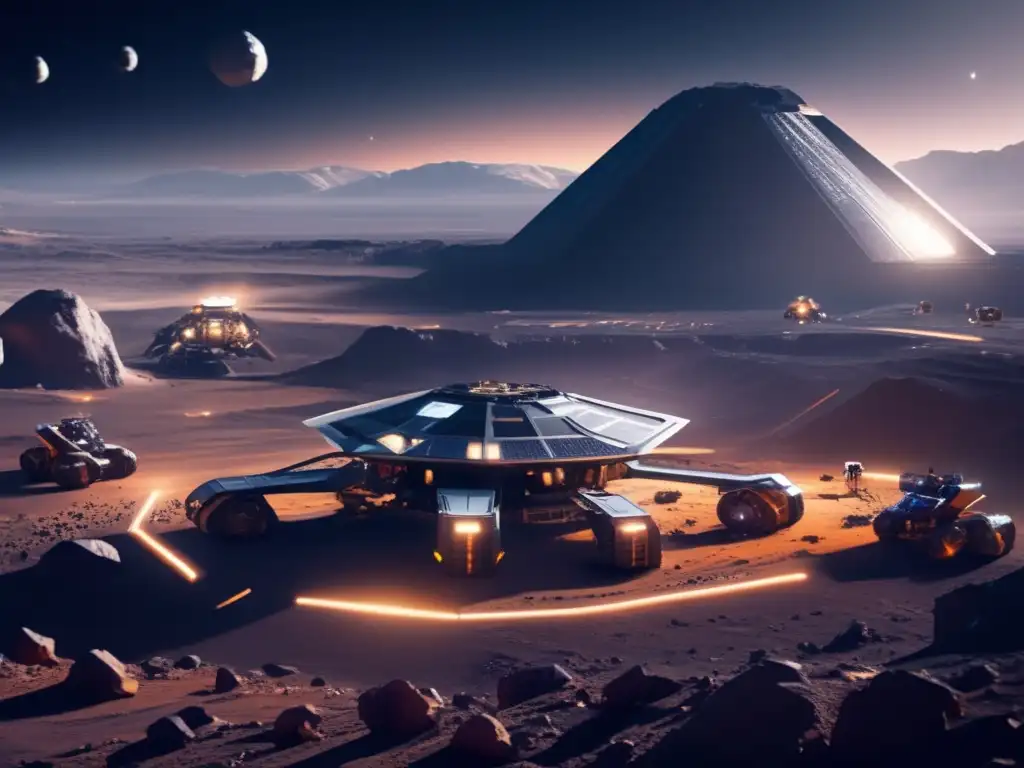 Futuro minero espacial en asteroide Extracción de recursos en el espacio: Futurista operación minera en un asteroide iluminado y tecnológicamente avanzado, con drones y brazos robóticos en acción