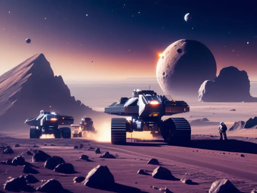 Mineria espacial futurista en asteroide Extracción de recursos en el espacio: operación minera futurista en asteroide