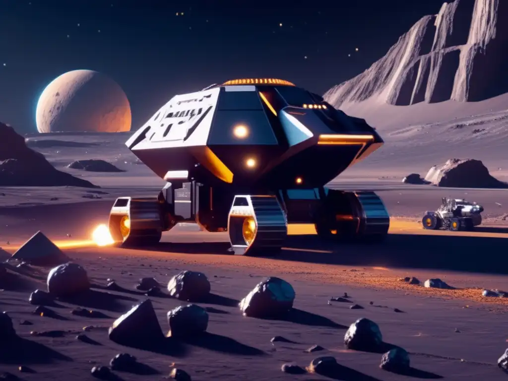 Operación minera espacial futurista en asteroide Extracción de recursos minerales en asteroides: operación futurista de minería espacial en un asteroide metálico masivo