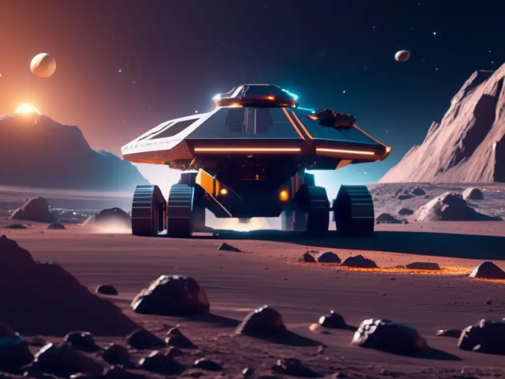 Mineria espacial futurista en asteroide Extracción rentable de recursos espaciales en asteroide con maquinaria robótica avanzada