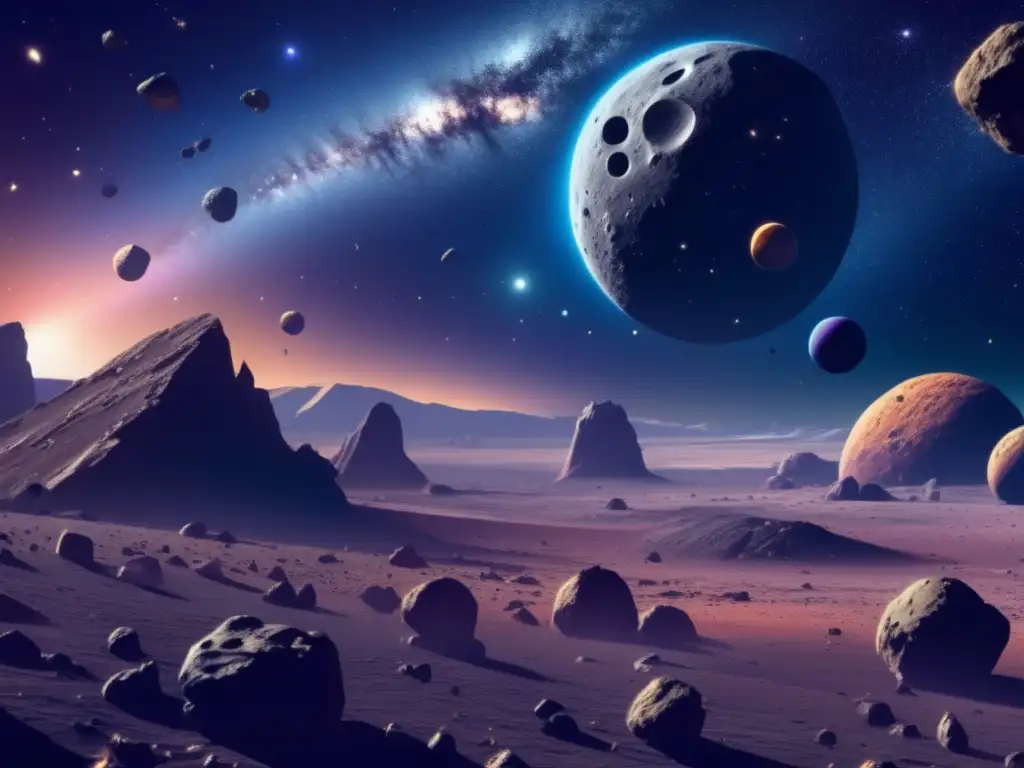 Exuberante campo de asteroides en el espacio Descubrimiento vida extraterrestre en asteroides