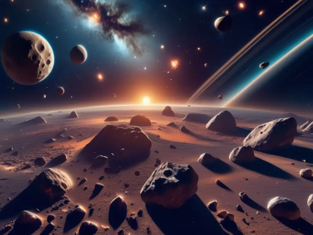 Exuberante imagen 8k de asteroides en el espacio, con IA y estrategia comercial en el fondo