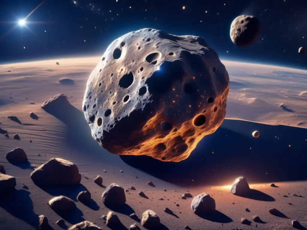 Asteriode masivo en el espacio Un fascinante asteroide en 8K, con cráteres y paisajes rugosos, destaca en el espacio infinito