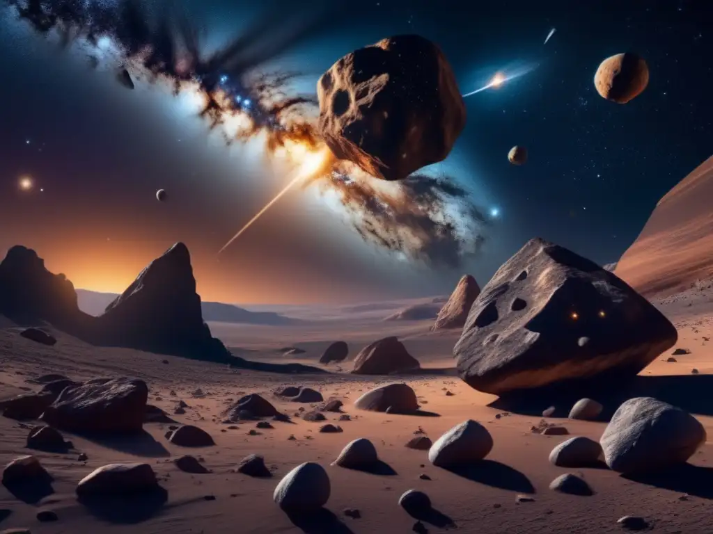 Impresionante escena cósmica con asteroides Descubre la fascinante escena cósmica en 8k: prevención colisiones asteroides