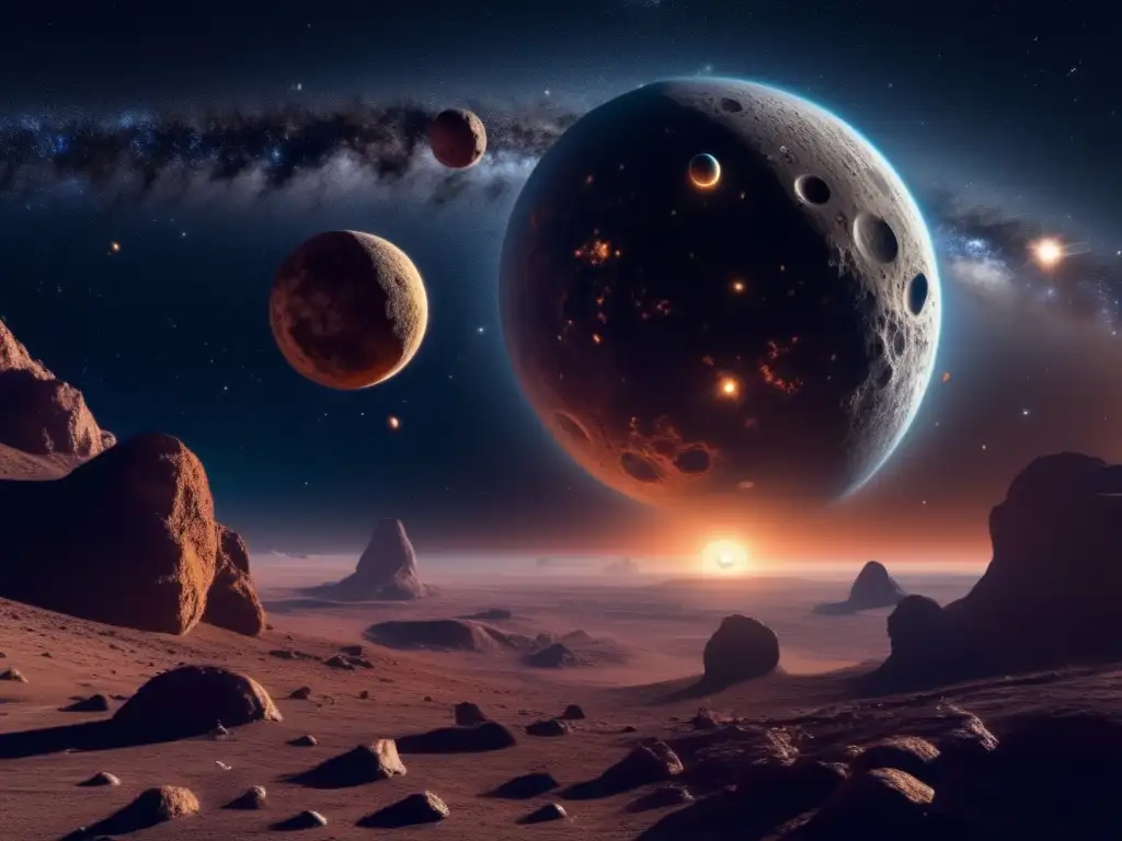 Un fascinante 8k imagen detallada muestra el baile celestial entre asteroides centauro y otros cuerpos celestiales