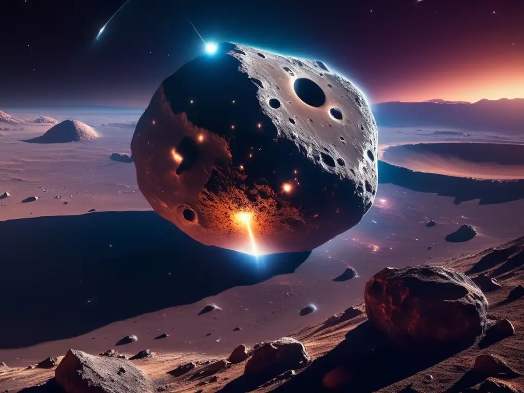 Asteroida colosal y estelar en el espacio cósmico Fascinante paisaje cósmico con asteroide errante (110 caracteres)