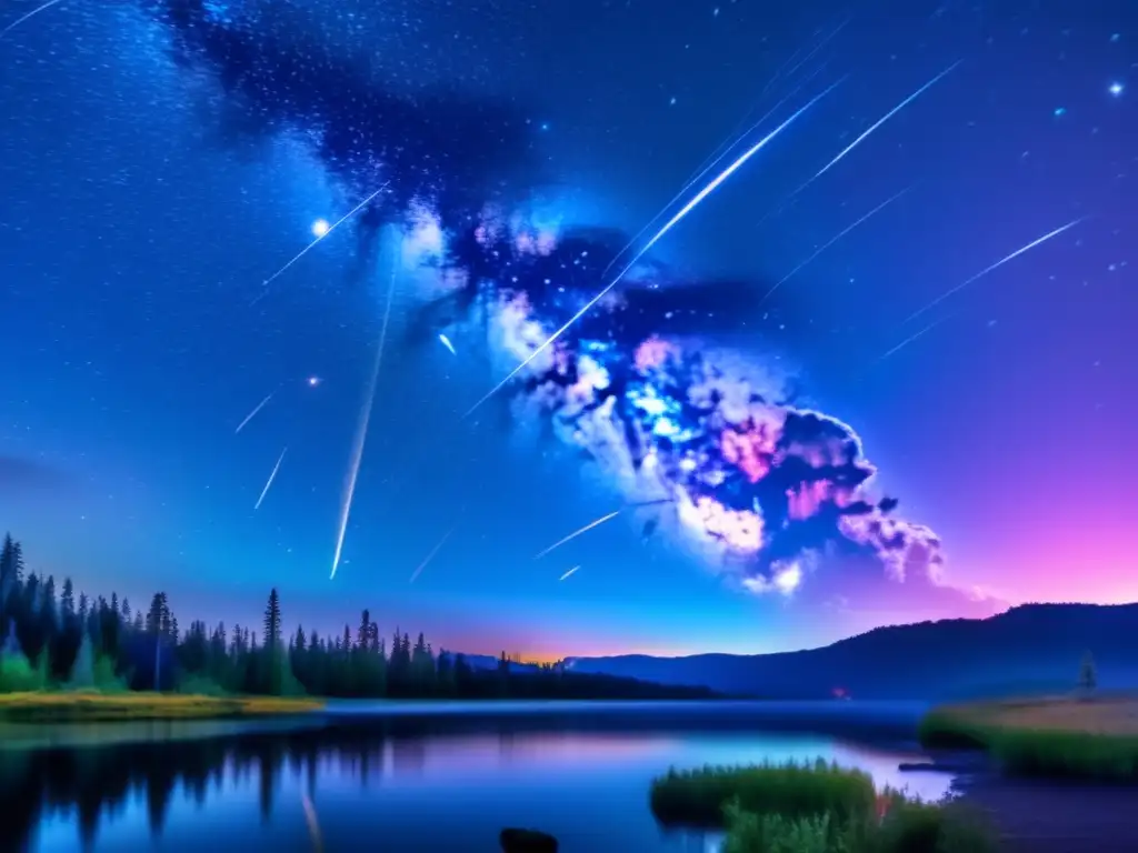Impresionante lluvia de meteoros en el cielo nocturno Fenómenos de meteoros luminosos en un cautivador cielo nocturno lleno de impresionantes lluvias de meteoros