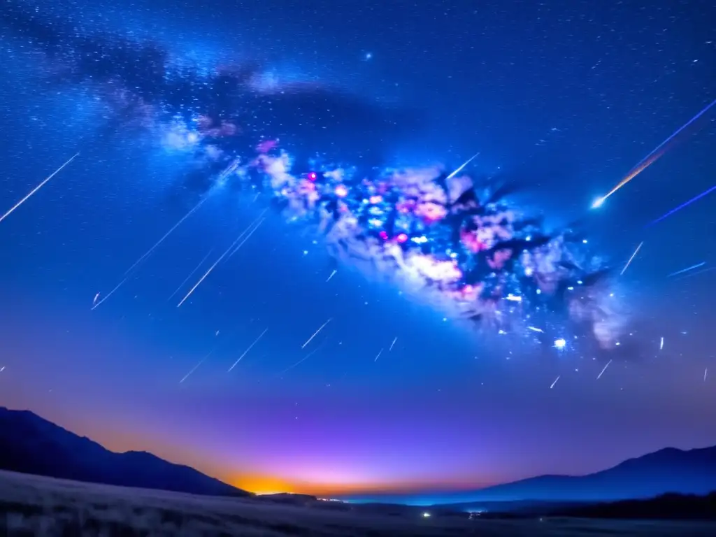 Espectacular lluvia de meteoros Fenómenos de meteoros luminosos en un cielo nocturno lleno de estrellas fugaces, colores vibrantes y un contraste fascinante