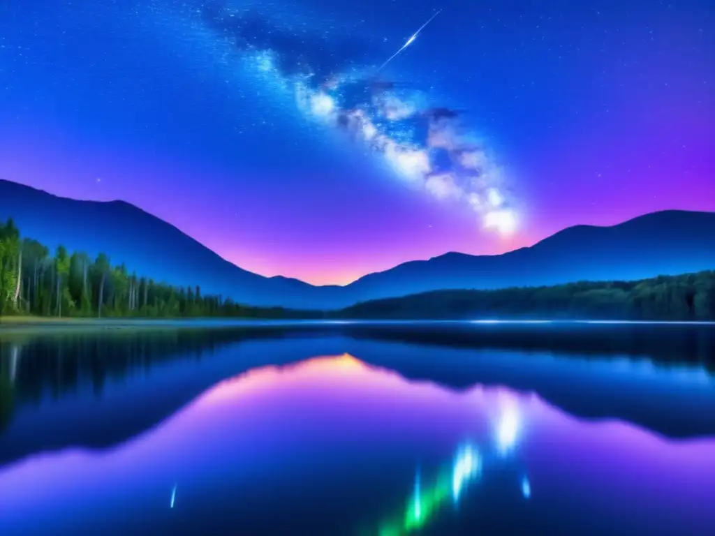 Espectáculo celestial: Meteoros en el cielo Fenómenos de meteoros luminosos en un cielo estrellado con lago sereno reflejando el espectáculo celestial