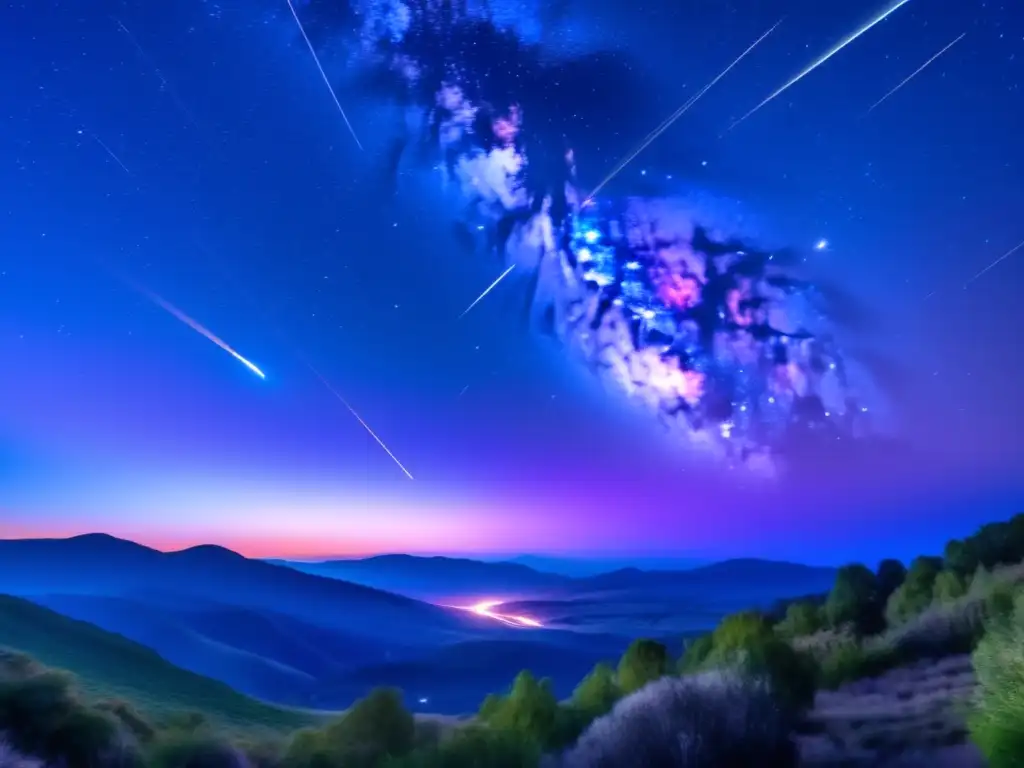 Espectáculo celestial de lluvia de meteoros Fenómenos de meteoros luminosos en cielo estrellado