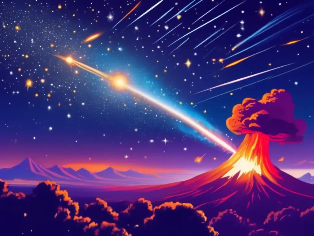 Desintegración de meteoroides en la atmósfera Fenómenos de meteoros luminosos: Meteoroides desintegrándose en la atmósfera, creando una explosión espectacular de luz y color