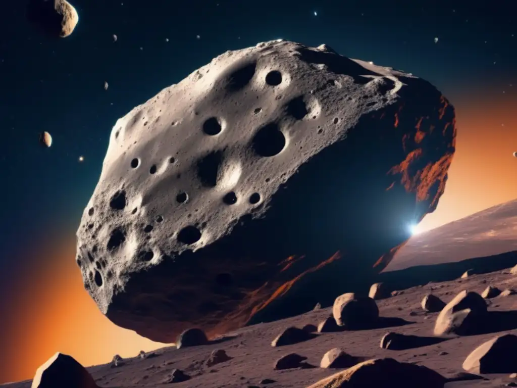 Asteroide activo: Detalles de la superficie Fenómenos rotura actividad asteroides en detallada imagen 8k de asteroide irregular en espacio, con cráteres y elementos metálicos