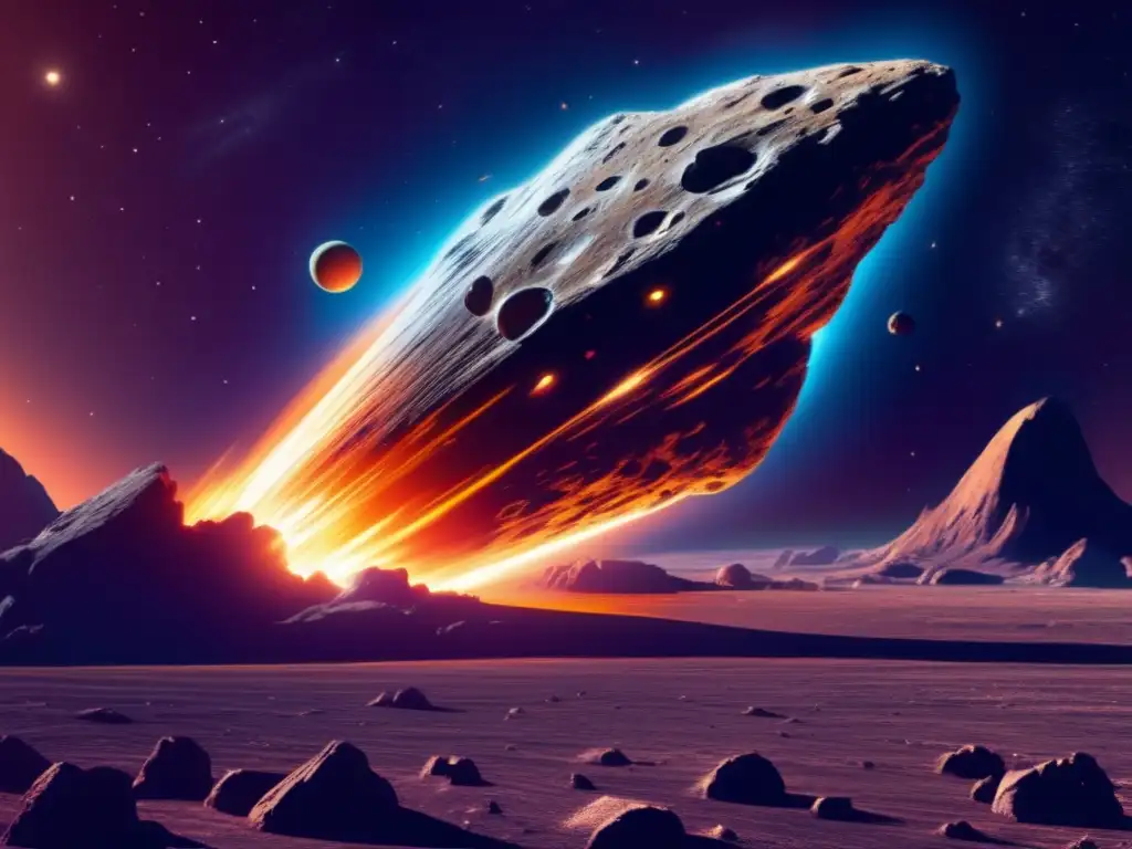 Asteroide masivo en el espacio, con nave espacial futurista Fiebre del oro espacial: asteroide masivo, cráteres profundos, nave espacial futurista y la belleza cósmica