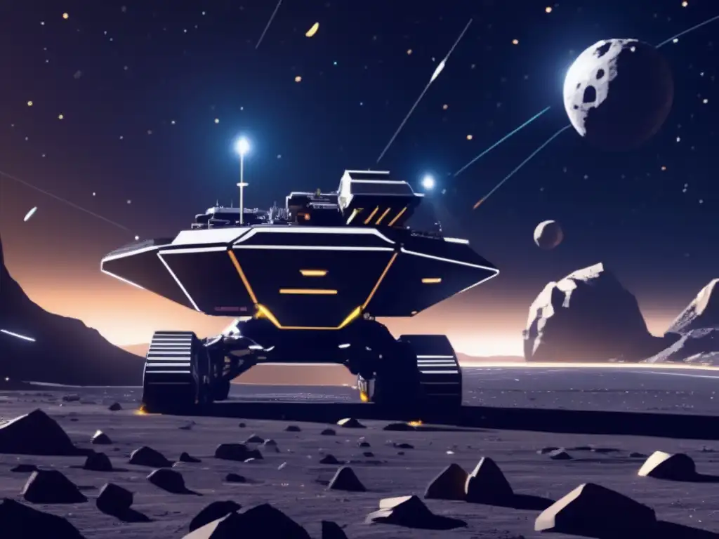 Minería espacial futurista en asteroide Fiebre del oro espacial: Futura operación minera en asteroide, tecnología avanzada, extracción de minerales, vastedad del espacio