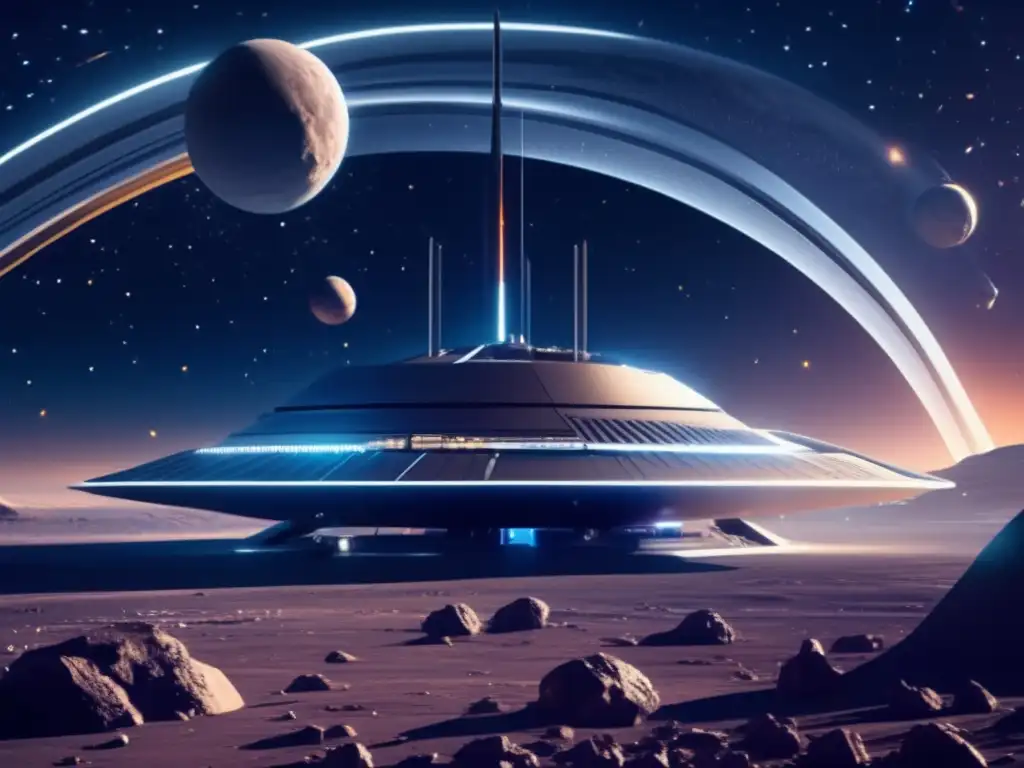 Futuro puerto espacial en asteroide Financiación actual de exploración asteroides en un espacioport futurista en un campo de asteroides vasto y bello