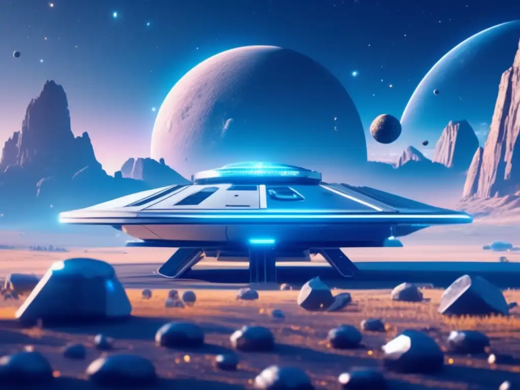 Estación espacial futurista en campo asteroidal Financiación actual de exploración asteroides: estación espacial futurista rodeada de asteroides en el espacio