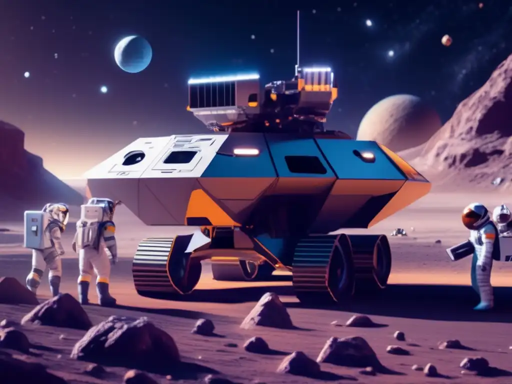 Minería espacial en asteroide: tecnología avanzada y recursos preciosos Financiación actual de exploración asteroides: Operación minera espacial futurista en un asteroide rico en minerales preciosos