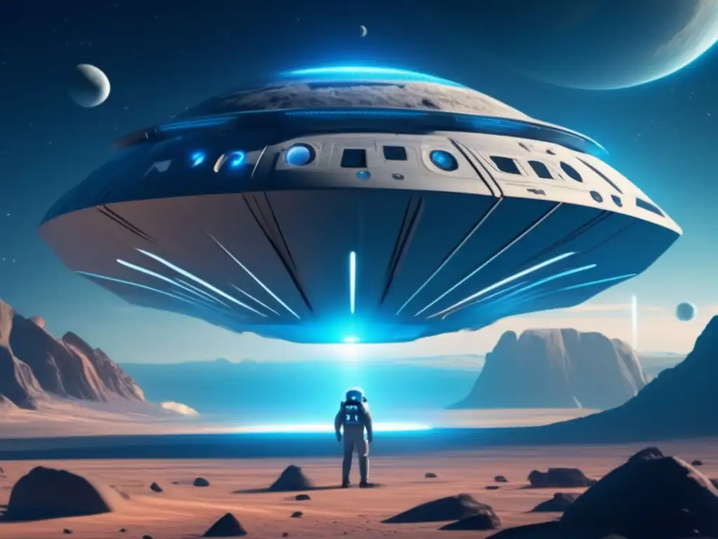 Aventura espacial: Nave futurista en asteroide Financiación colectiva misiones asteroides: nave futurista cerca de asteroide en el espacio, colores vibrantes, cráteres y galaxias