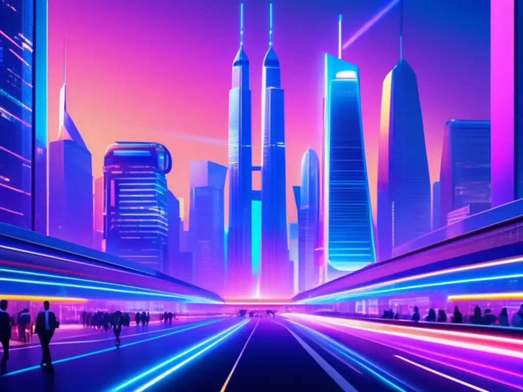 Ciudad futurista con rascacielos, transporte avanzado y luces neón Financiamiento carrera asteroides, ciudad futurista con rascacielos, transporte avanzado y arquitectura moderna