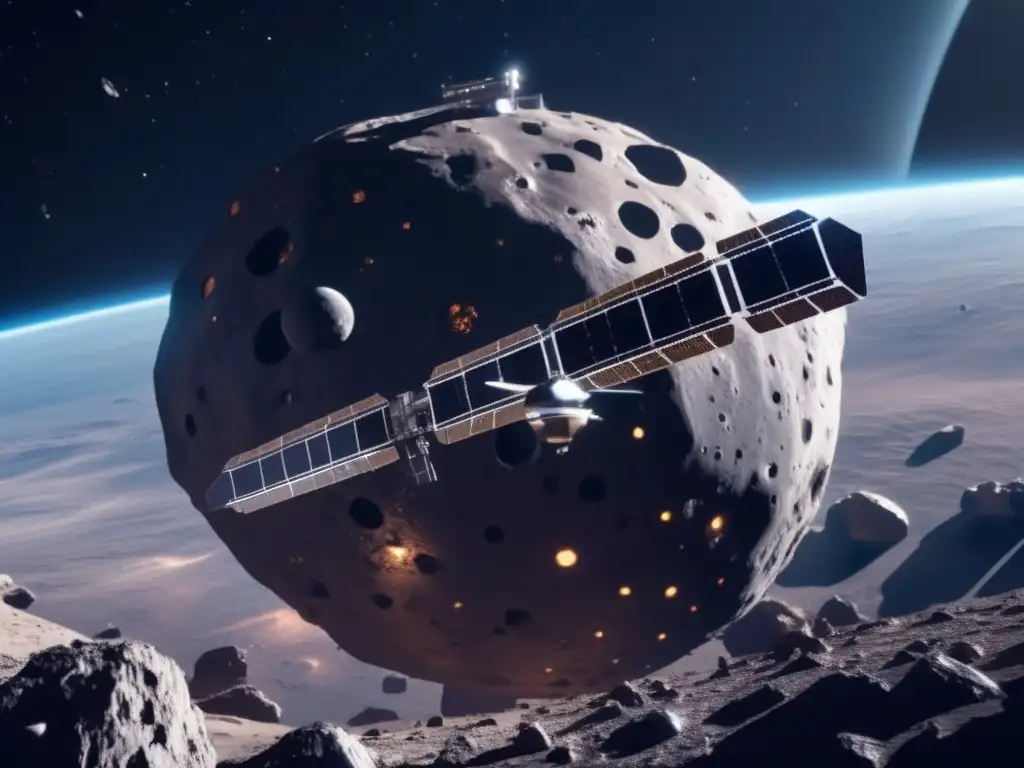 Futurista estación espacial y asteroide Financiamiento carrera asteroides: Estación espacial futurista orbitando asteroide, con tecnología avanzada y colaboración internacional