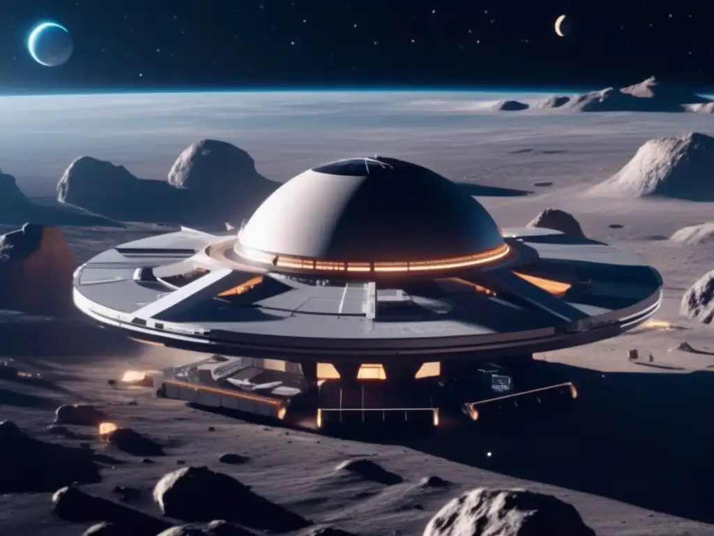 Estación espacial futurista en asteroide Innovación financiera asteroides: Estación espacial futurista en órbita de asteroide, con diseño moderno, paneles solares y maquinaria minera