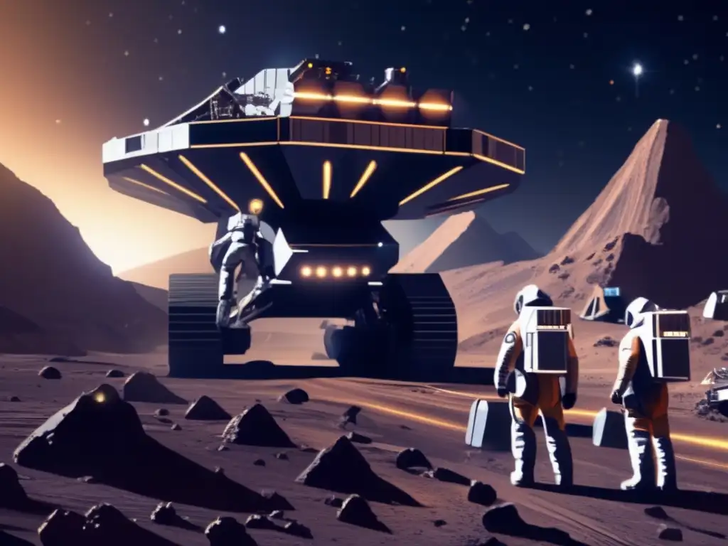 Mineros espaciales extraen recursos de un asteroide Innovación financiera asteroides: Operación minera futurista en un asteroide, con maquinaria, mineros y tecnología de vanguardia