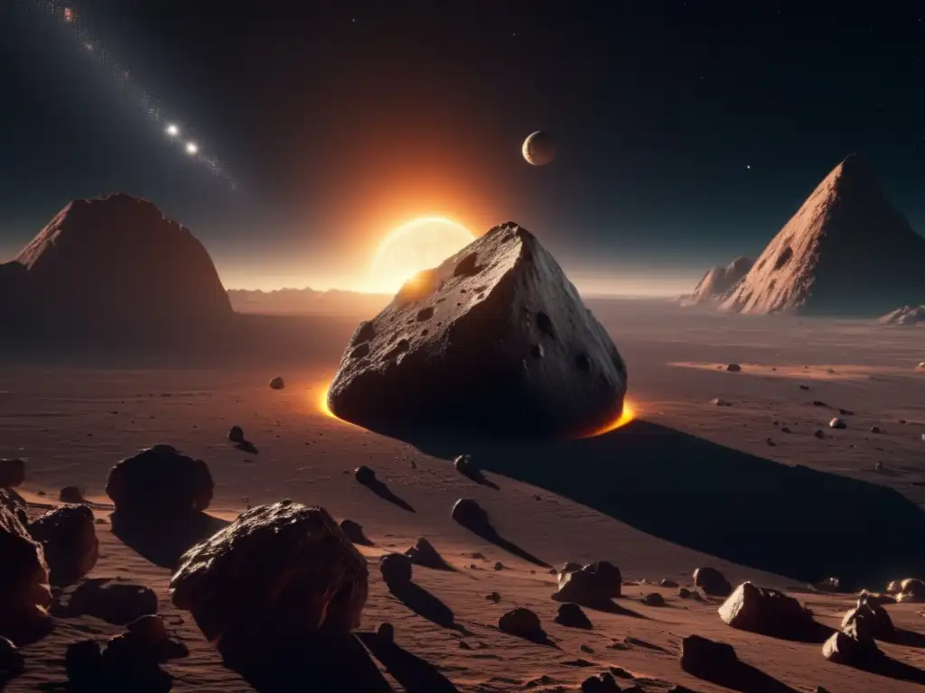 Asteroide irregular flotando en el espacio Investigando formas insólitas espacio: Asteroide 8k con cráteres, formaciones irregulares y nave espacial