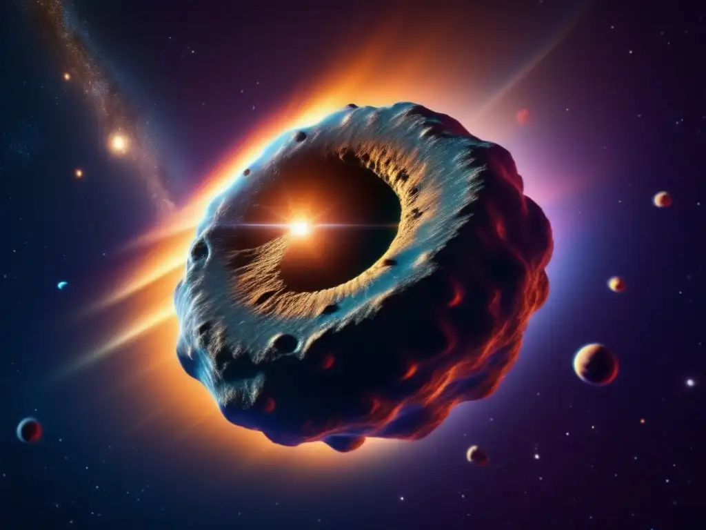 Asteroida retorcida y colorida en el espacio Investigando formas insólitas en el espacio - Imagen de asteroide espiral con patrones geométricos y gases coloridos