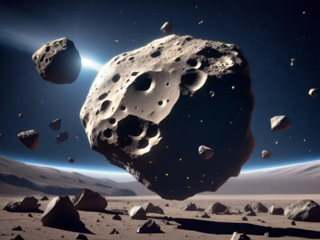 Asteroida fragmentándose en el espacio Fragmentación de asteroides en el espacio: escena dinámica y caótica de un asteroide rodeado de fragmentos