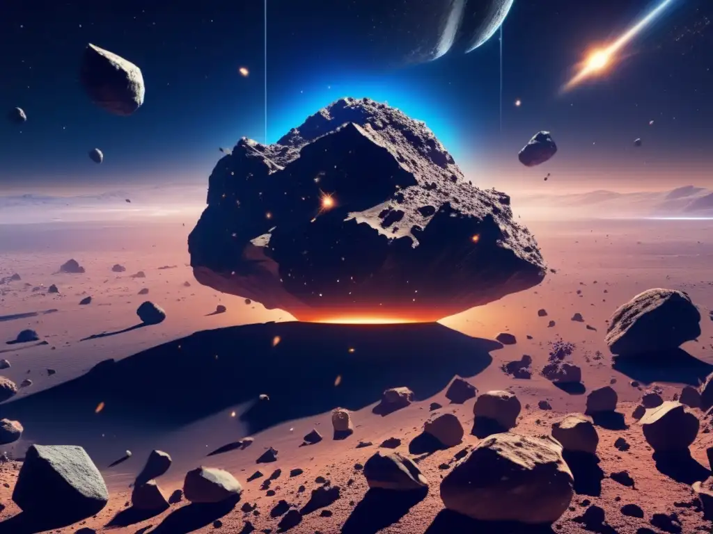 Asteroides fragmentados en el espacio Fragmentación de asteroides en el espacio: imagen detallada 8k, con asteroide fragmentado y galaxias distantes