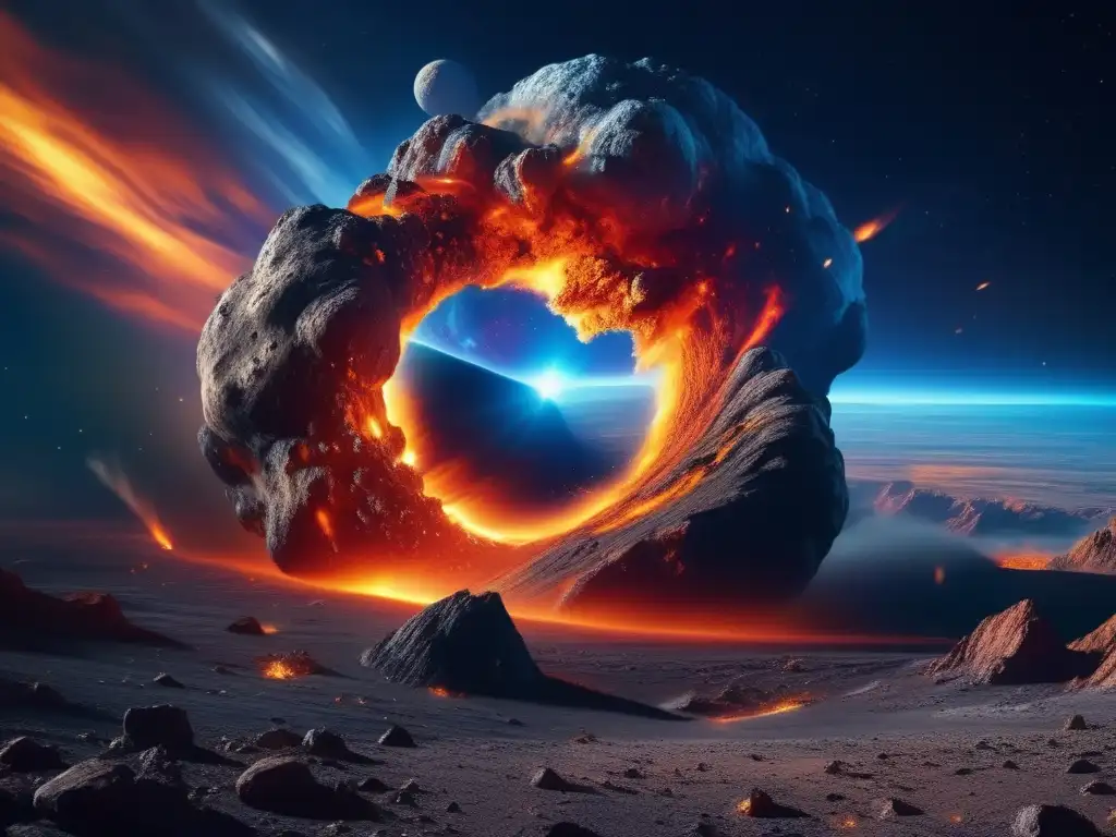 Desintegración impresionante de asteroide en espacio Fragmentación de asteroides en el espacio: Impresionante imagen 8K de un asteroide masivo desintegrándose en el cosmos
