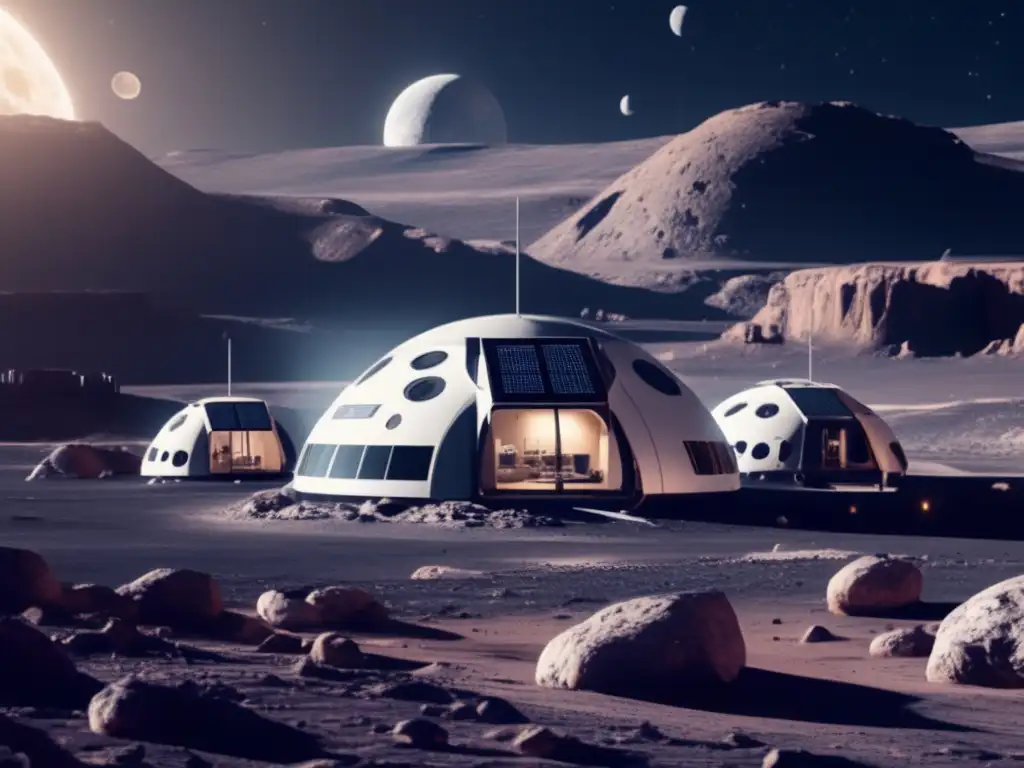 Futuro lunar: Base moderna en la Luna Futura base lunar rodeada de terreno lunar rugoso, con astronautas realizando actividades científicas y explorando asteroides