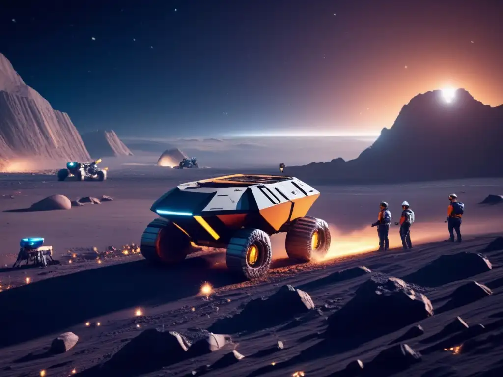 Futuro minero en asteroide: drones robóticos extraen recursos valiosos Futura explotación asteroides farmacéutica: mina en asteroide con drones de alta tecnología y estación espacial en el fondo