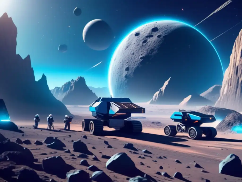 Minería espacial en asteroide futurista Futura operación minera en asteroide: Recursos valiosos extraídos por máquinas avanzadas y regulaciones de propiedad de asteroides