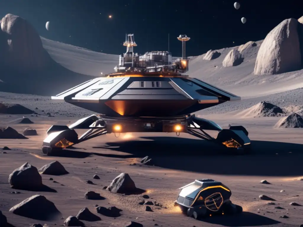 Futuro de la minería espacial Futura minería espacial en asteroide: plataforma metálica, robots, recursos y naves transportadoras