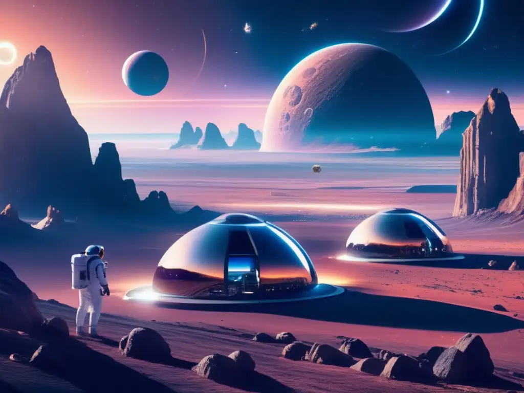 Futuro asombroso: colonia espacial en asteroide Futuras colonias en asteroides, asombroso paisaje espacial con domos interconectados, astronautas y exuberantes jardines