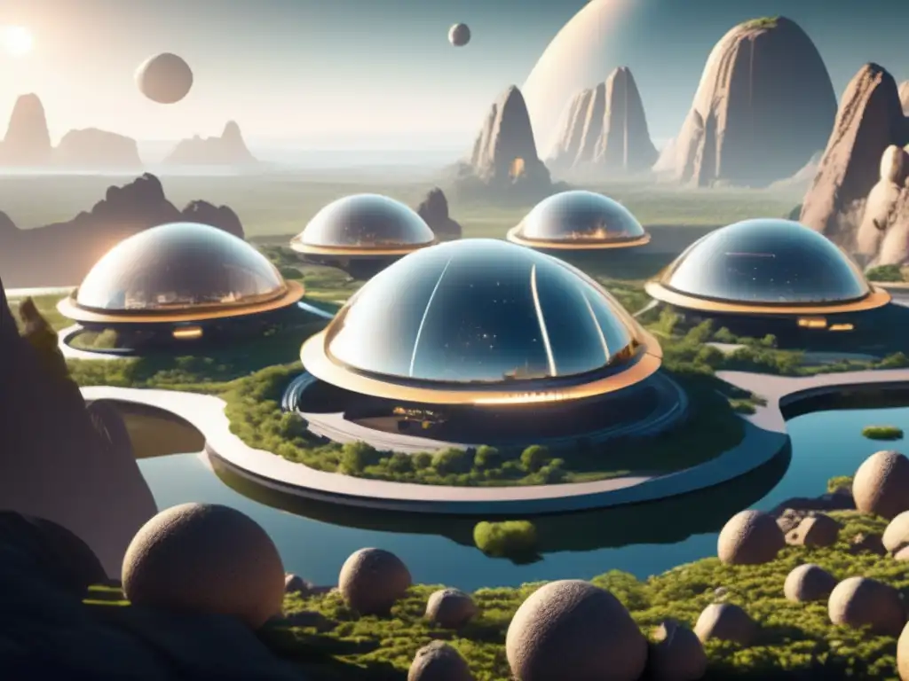 Futuro colonia asteroide: domos, naturaleza y actividad Futuras colonias en asteroides: domos transparentes, arquitectura moderna y actividad vibrante en una colonia en un asteroide