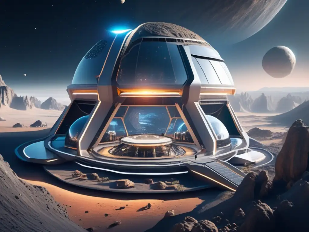 Futurista colonia espacial en asteroide Futuras colonias en asteroides, imagen 8k ultradetallada de una comunidad autónoma en el espacio, con estructuras metálicas y caminos transparentes