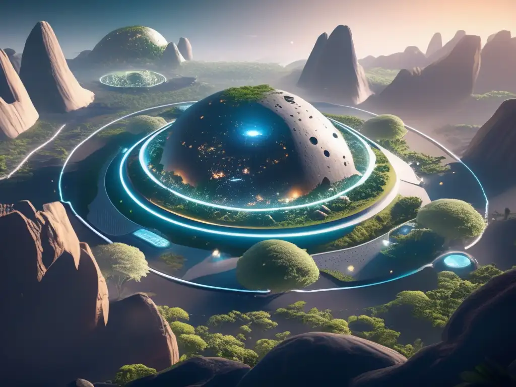 Potencial de colonización de asteroides Futuras colonias en asteroides: una imagen 8k de una colonia futurista en un asteroide, con hábitats interconectados y una exuberante vegetación