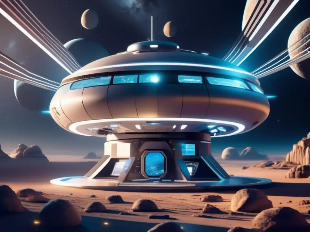 Estación espacial futurista en asteroide Hábitat futurista en asteroide, iluminado y con vistas panorámicas, científicos y astronautas trabajando