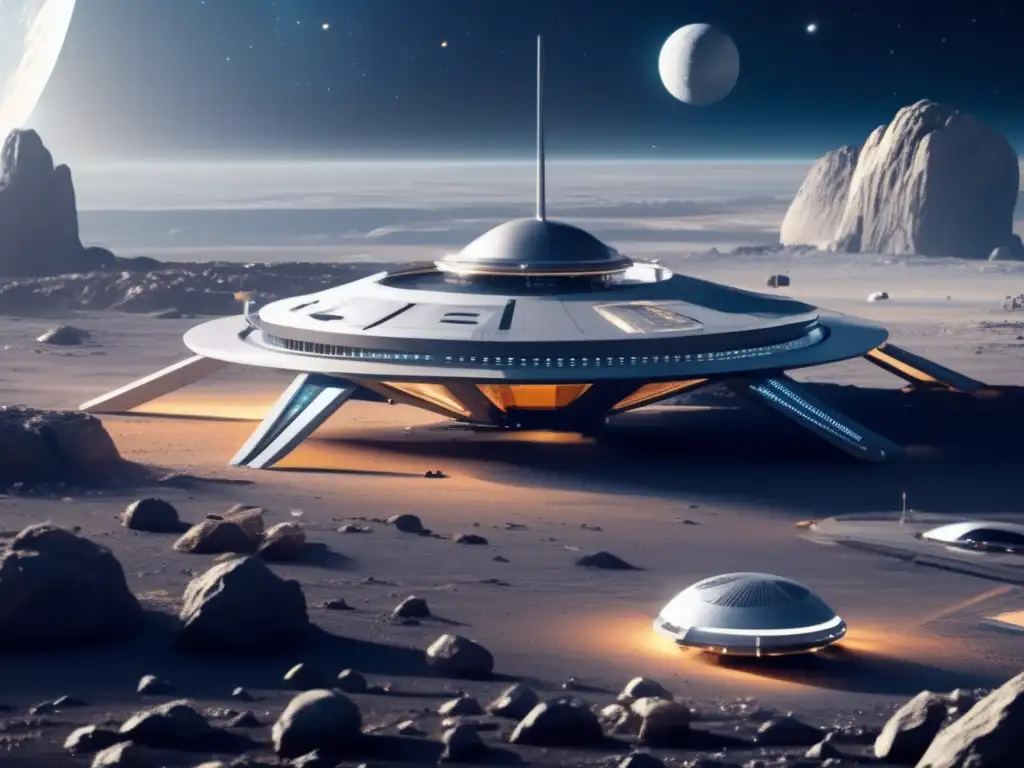 Futuro puerto espacial en asteroide Espacioport futurista en asteroide con nave espacial y vista del espacio - Financiamiento carrera asteroides