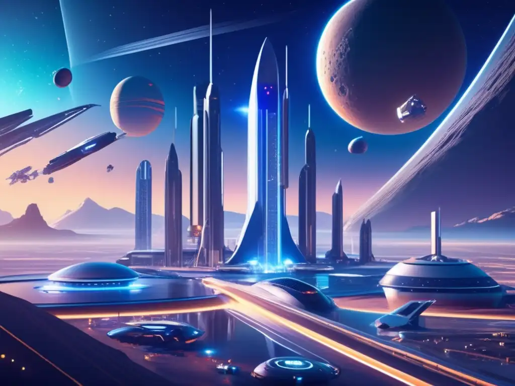 Futurista puerto espacial en asteroide Espacioport futurista en asteroide con rascacielos cristalinos, naves espaciales avanzadas y cosmos impactante - Batalla legal recursos espaciales
