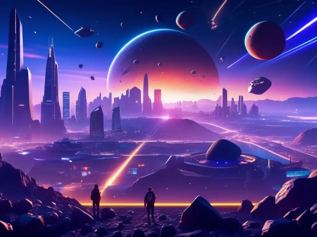 Ciudad futurista rodeada de asteroides Guía supervivencia: Ciudad futurista y asteroides iluminados crean un ambiente caótico y emocionante en videojuegos de acción