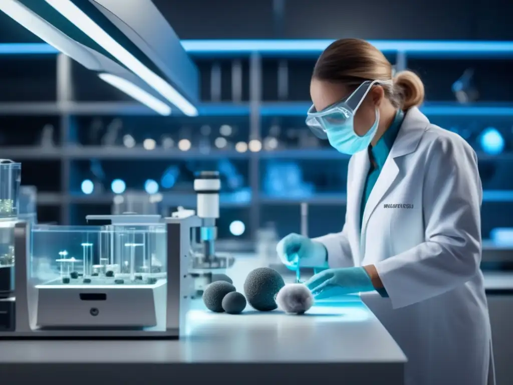 Investigación de microorganismos de asteroides Lab futurista con científico extrayendo microorganismos de un asteroide: Microorganismos asteroides avance farmacéutico