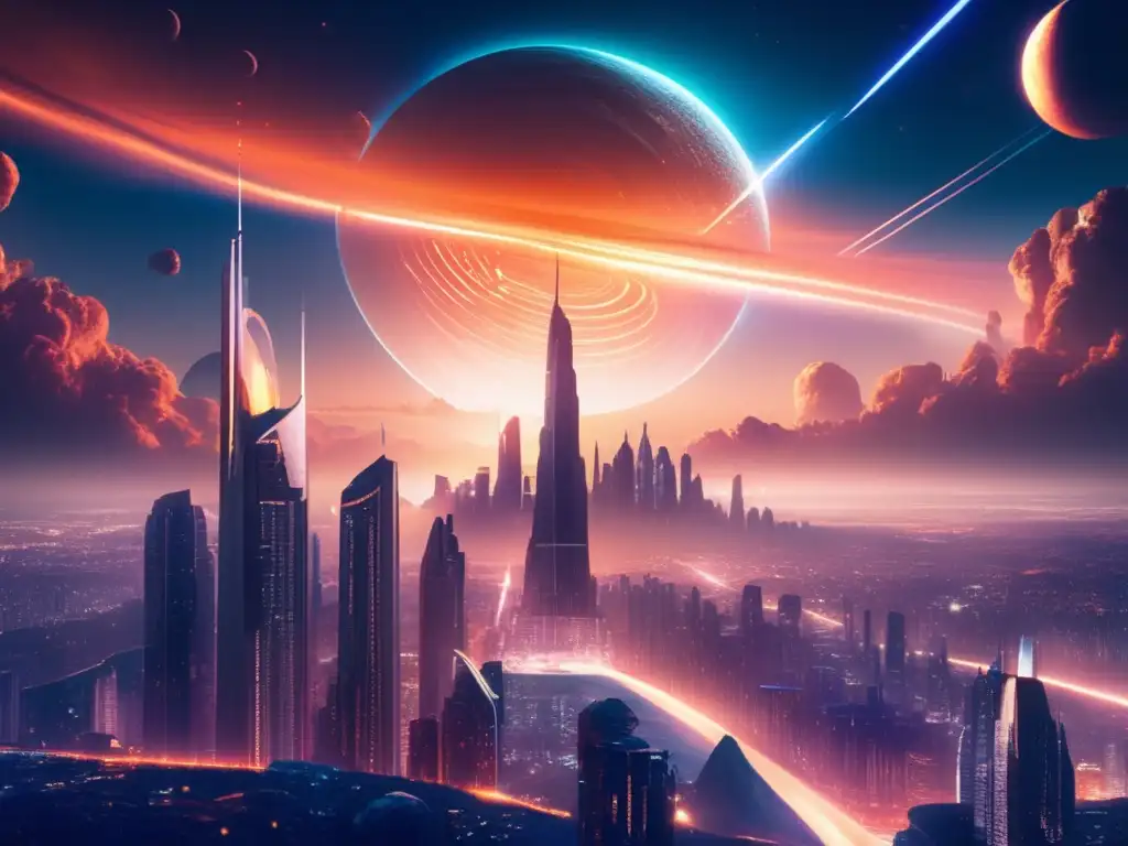 Ciudad futurista con asteroide Futurista ciudad con asteroides troyanos: economía global en peligro