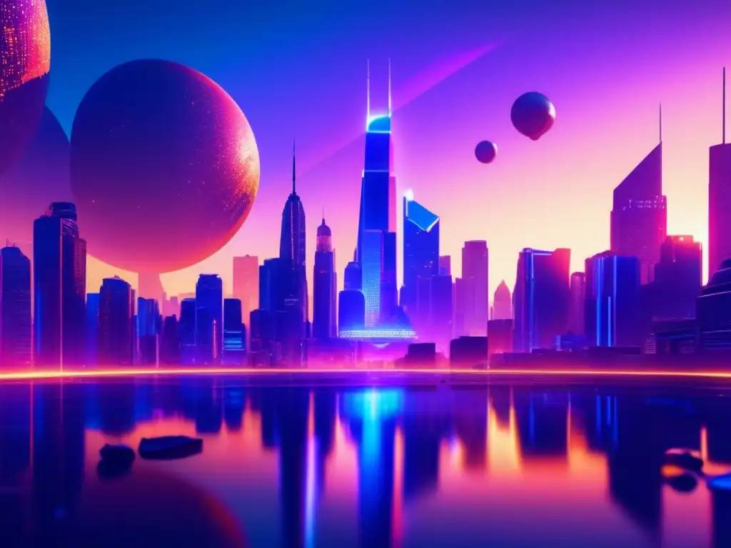 Ciudad futurista al anochecer con edificios holográficos Futurista ciudad al atardecer con rascacielos, hologramas, drones y desarrolladores de videojuegos