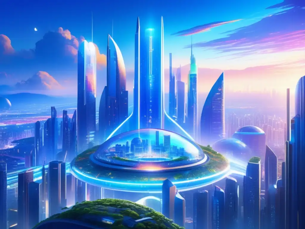 Futurista ciudad bajo ataque Futurista ciudad con cúpula protectora y defensa ante asteroides