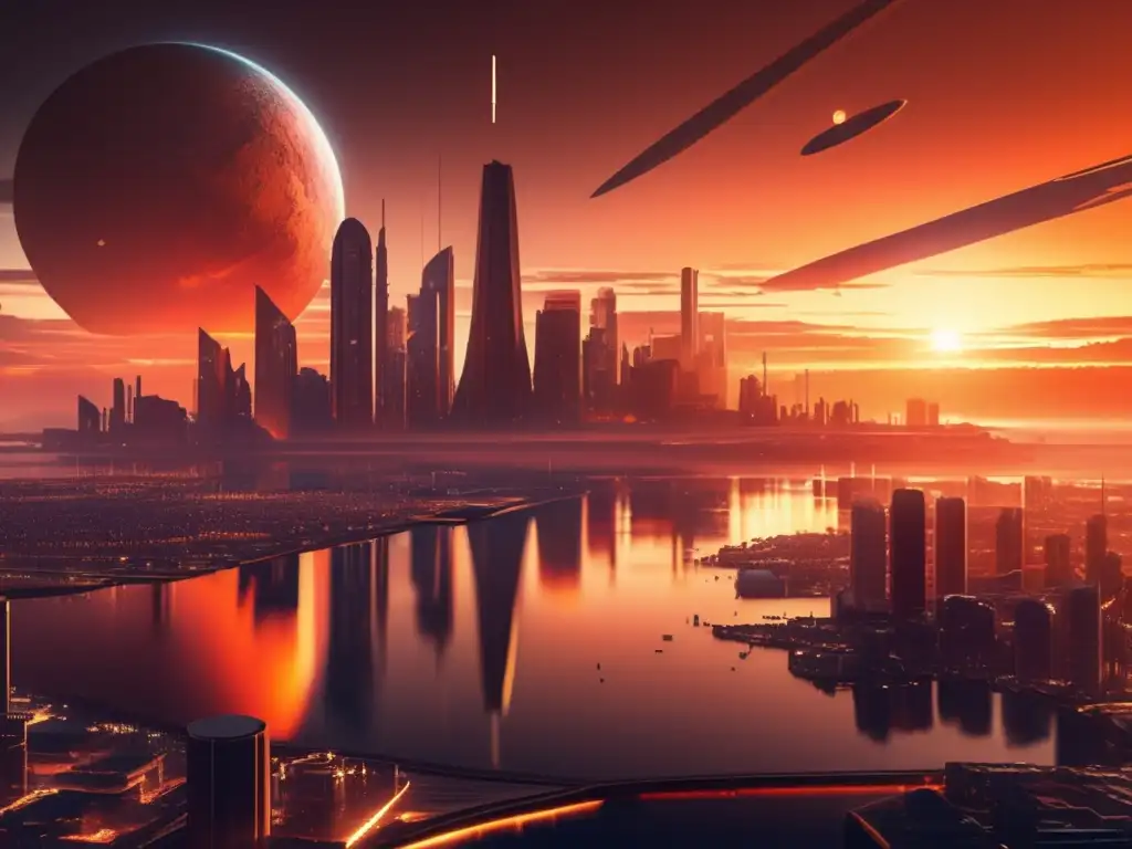 Futurista ciudad flotante lucha contra asteroide Futurista ciudad flotante con asteroides