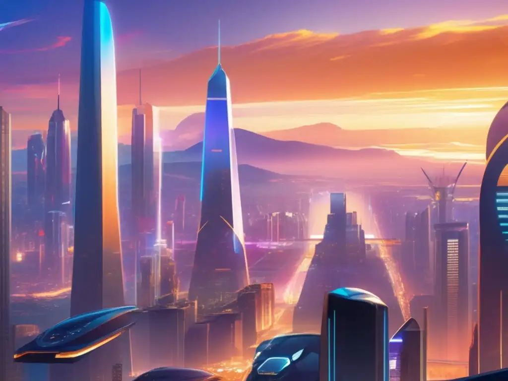 Futurista ciudad con rascacielos y asteroide Futurista ciudad con rascacielos, personas, vehículos y anuncios holográficos