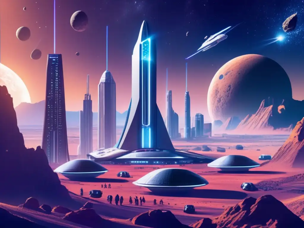 Una colonia espacial futurista con asteroides mineros Futurista colonia espacial con rascacielos, transporte avanzado y minería de asteroides